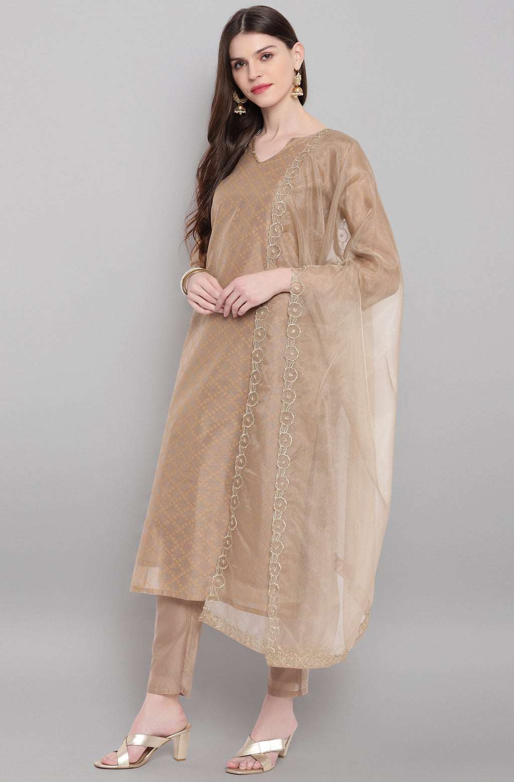 Janasya Women's Light Brown Poly Chanderi Floral Print Kurta With Pant And Dupatta - Distacart