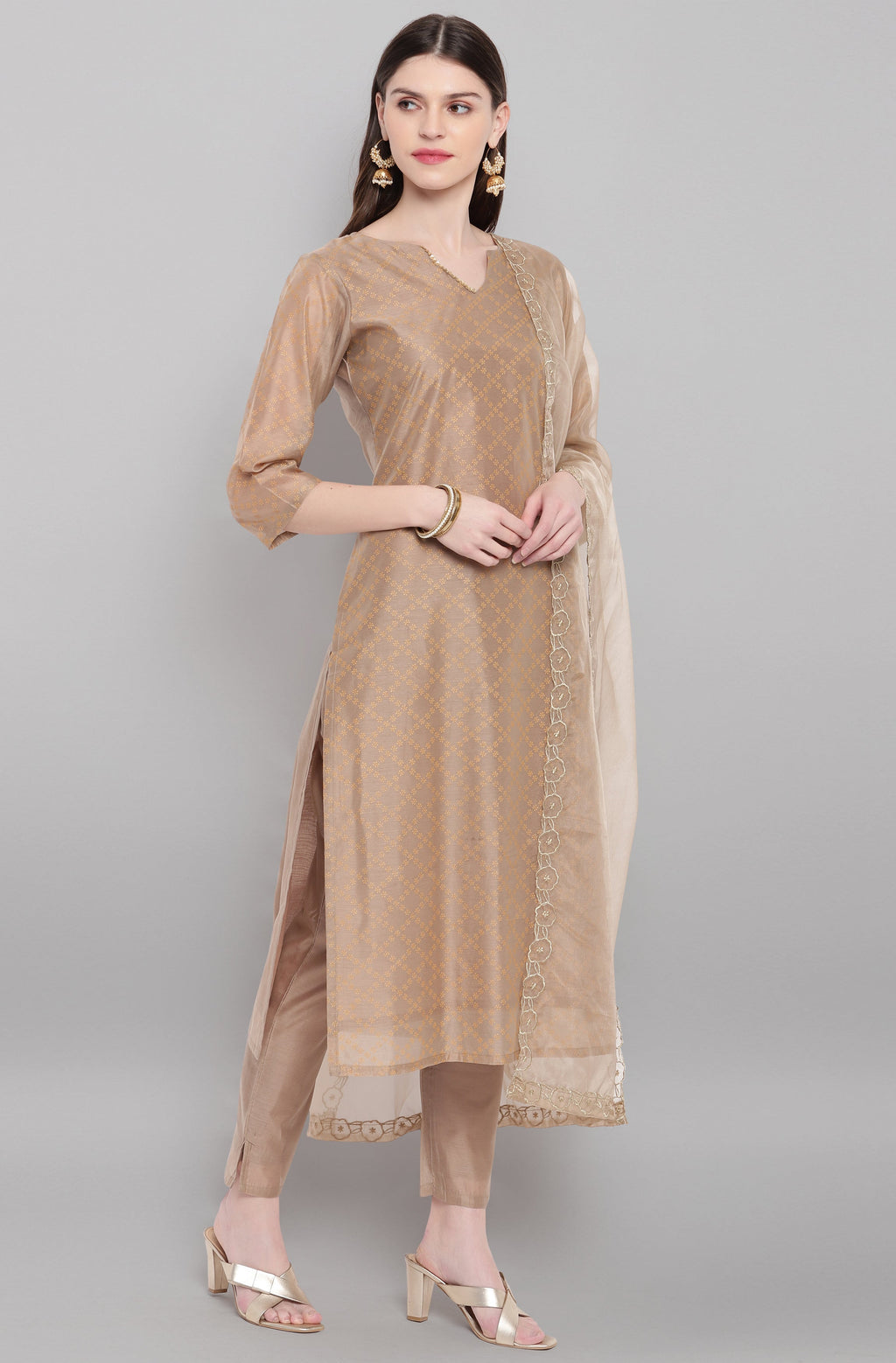 Janasya Women's Light Brown Poly Chanderi Floral Print Kurta With Pant And Dupatta - Distacart