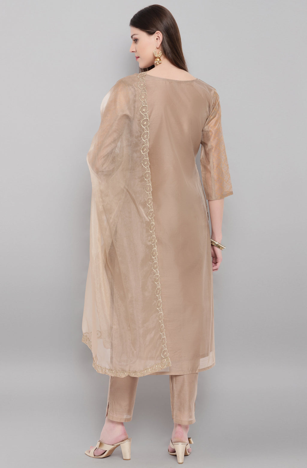 Janasya Women's Light Brown Poly Chanderi Floral Print Kurta With Pant And Dupatta - Distacart