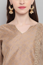 Janasya Women's Light Brown Poly Chanderi Floral Print Kurta With Pant And Dupatta - Distacart