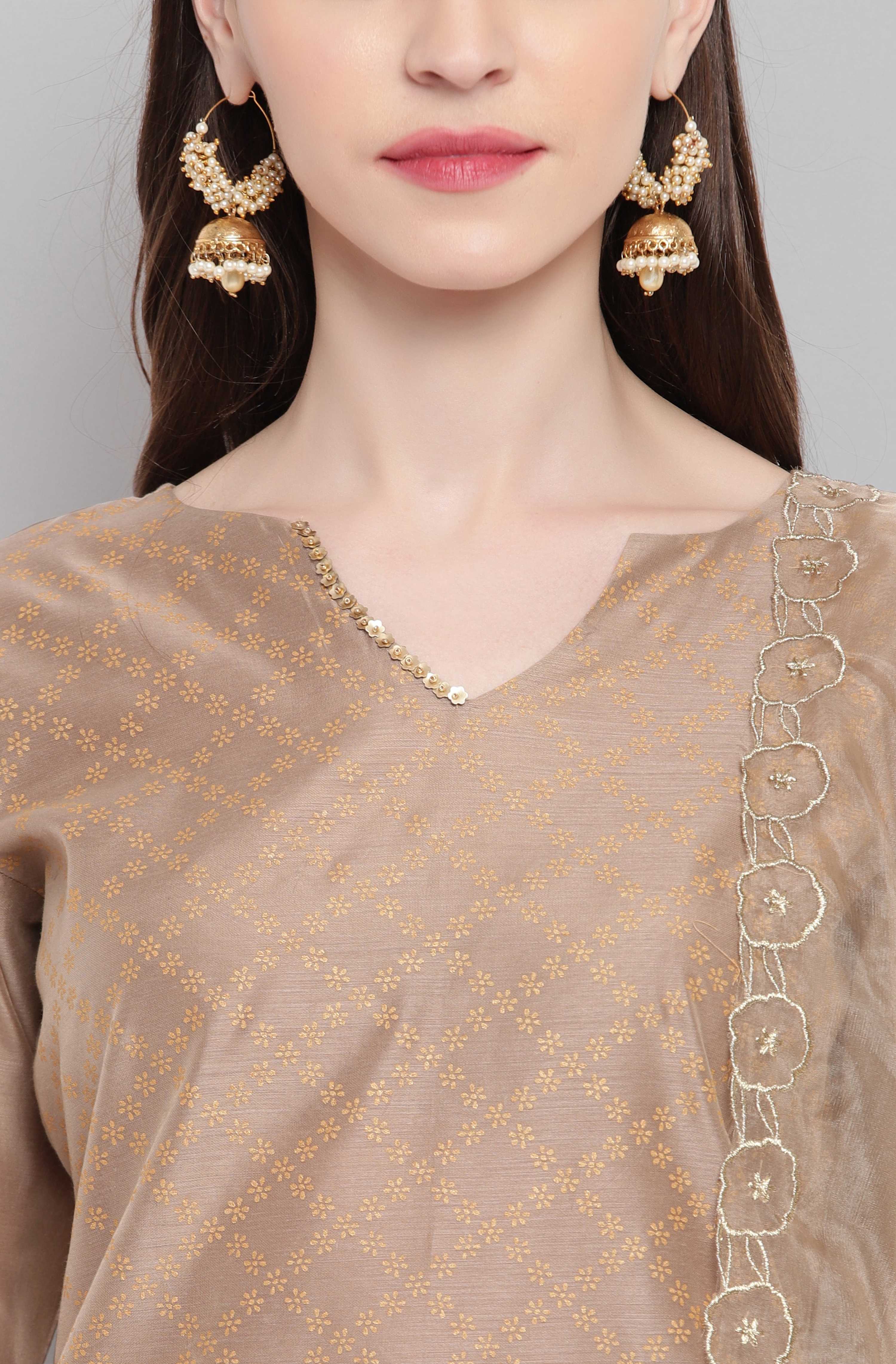 Janasya Women's Light Brown Poly Chanderi Floral Print Kurta With Pant And Dupatta - Distacart