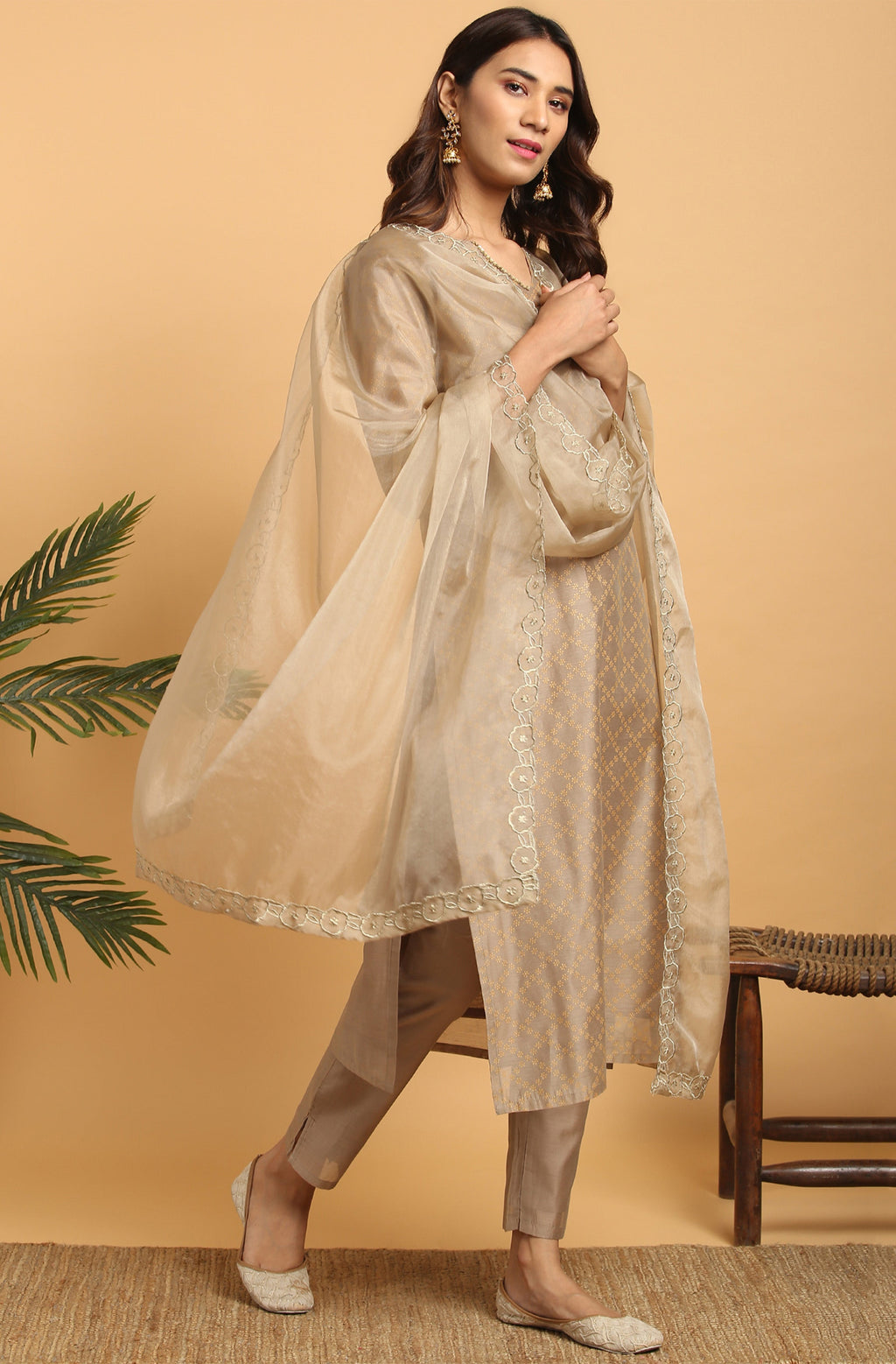 Janasya Women's Light Brown Poly Chanderi Floral Print Kurta With Pant And Dupatta - Distacart