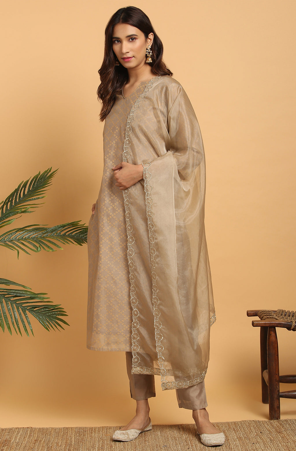 Janasya Women's Light Brown Poly Chanderi Floral Print Kurta With Pant And Dupatta - Distacart