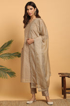 Janasya Women's Light Brown Poly Chanderi Floral Print Kurta With Pant And Dupatta - Distacart