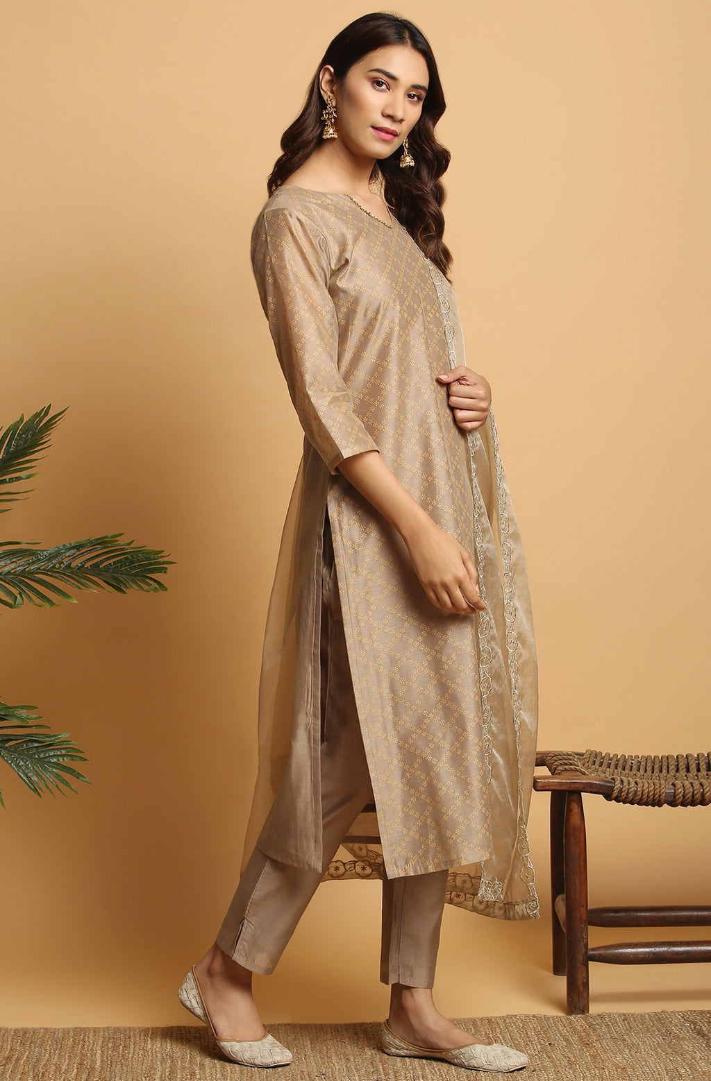 Janasya Women's Light Brown Poly Chanderi Floral Print Kurta With Pant And Dupatta - Distacart
