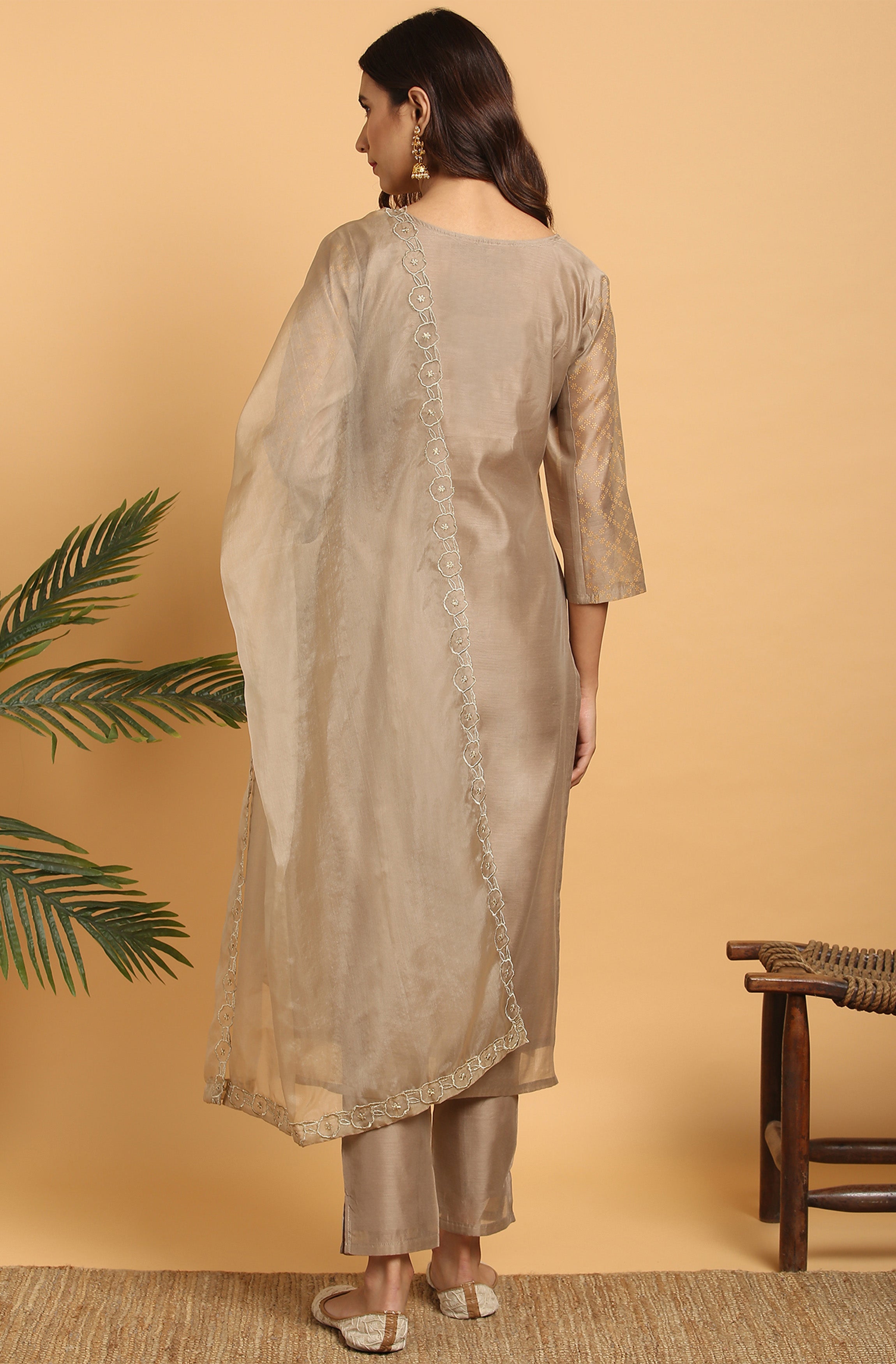 Janasya Women's Light Brown Poly Chanderi Floral Print Kurta With Pant And Dupatta - Distacart