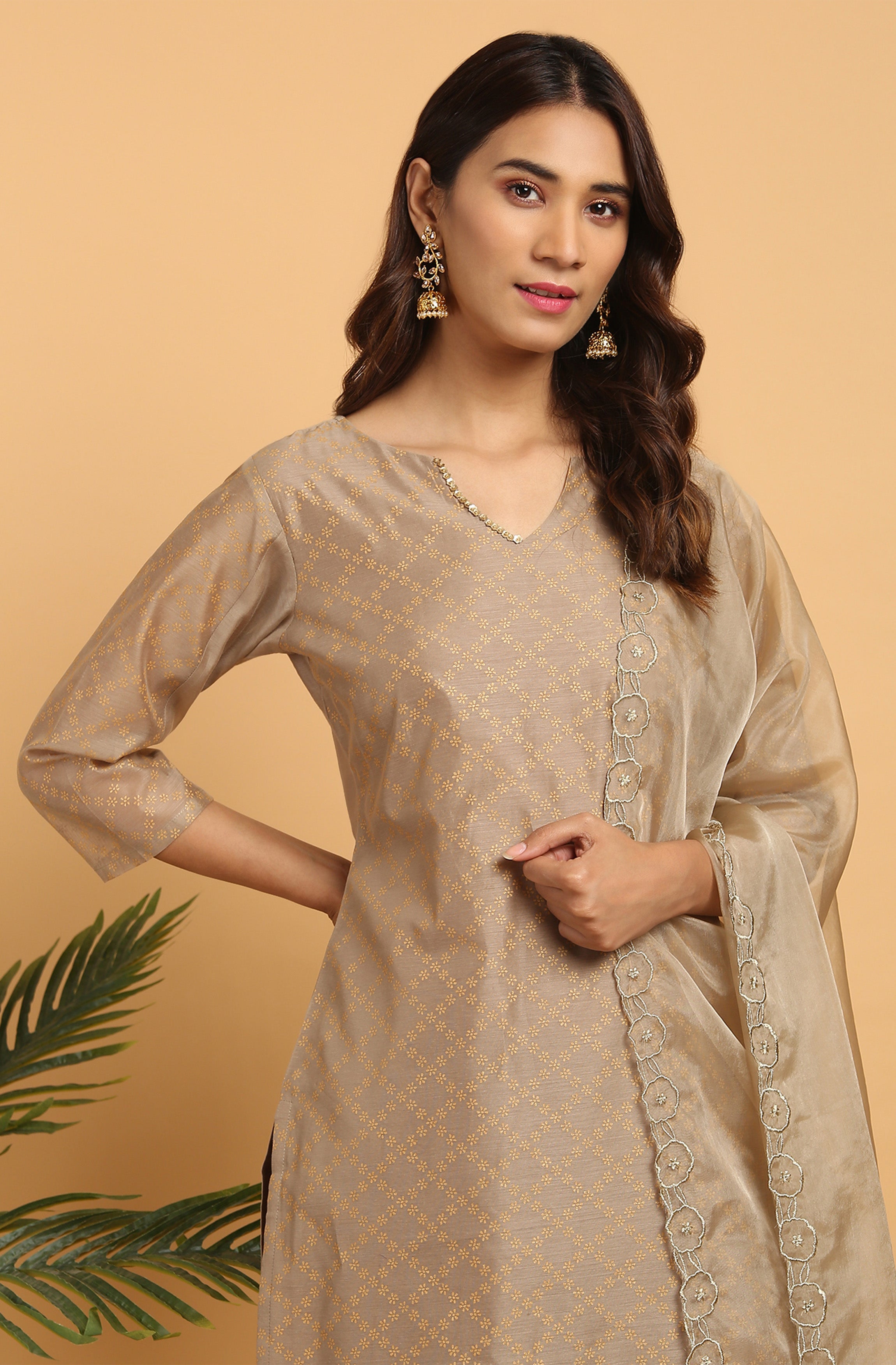 Janasya Women's Light Brown Poly Chanderi Floral Print Kurta With Pant And Dupatta - Distacart