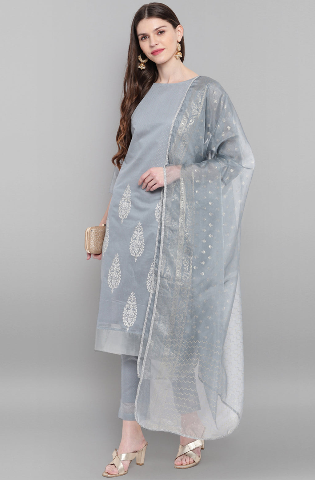 Janasya Women's Grey Poly Chanderi Ethnic Motifs Kurta With Pant And Dupatta - Distacart