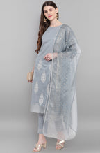 Janasya Women's Grey Poly Chanderi Ethnic Motifs Kurta With Pant And Dupatta - Distacart
