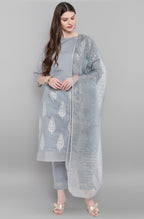 Janasya Women's Grey Poly Chanderi Ethnic Motifs Kurta With Pant And Dupatta - Distacart
