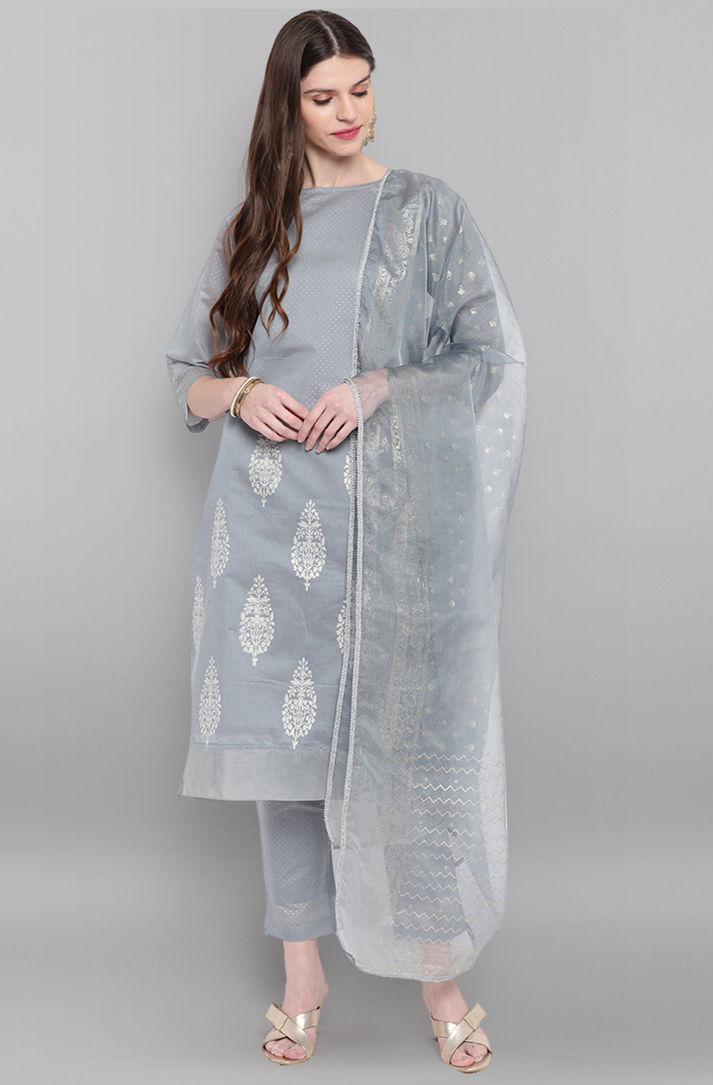 Janasya Women's Grey Poly Chanderi Ethnic Motifs Kurta With Pant And Dupatta - Distacart