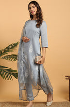 Janasya Women's Grey Poly Chanderi Ethnic Motifs Kurta With Pant And Dupatta - Distacart