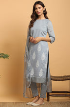 Janasya Women's Grey Poly Chanderi Ethnic Motifs Kurta With Pant And Dupatta - Distacart