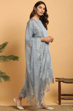 Janasya Women's Grey Poly Chanderi Ethnic Motifs Kurta With Pant And Dupatta - Distacart