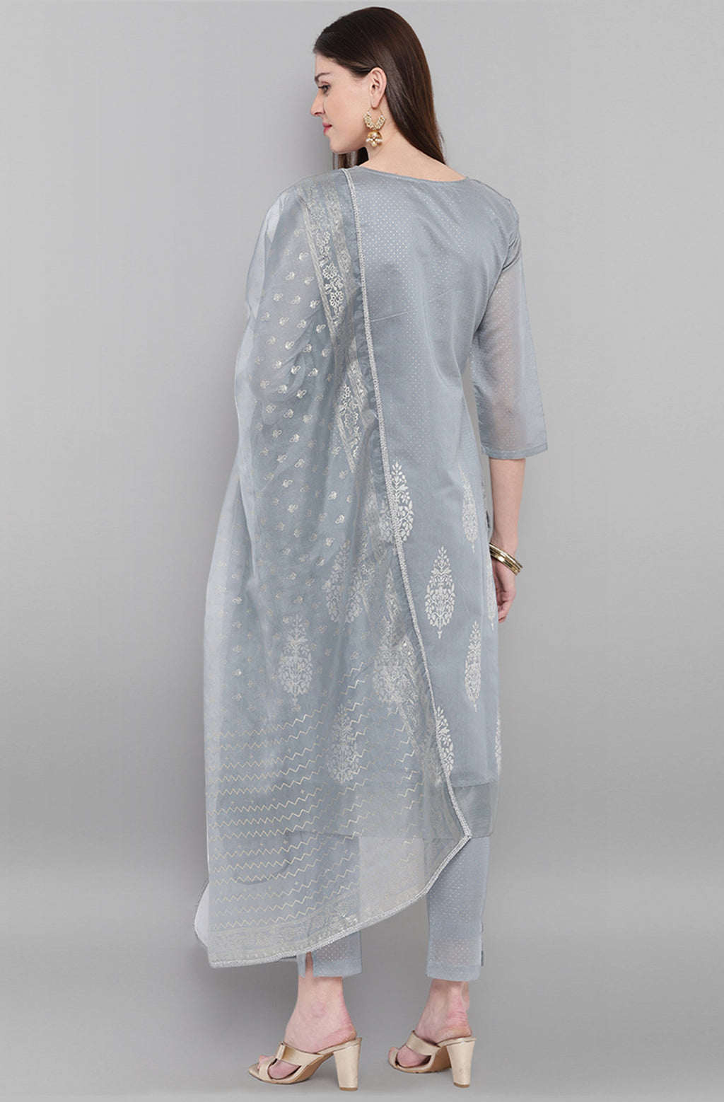 Janasya Women's Grey Poly Chanderi Ethnic Motifs Kurta With Pant And Dupatta - Distacart