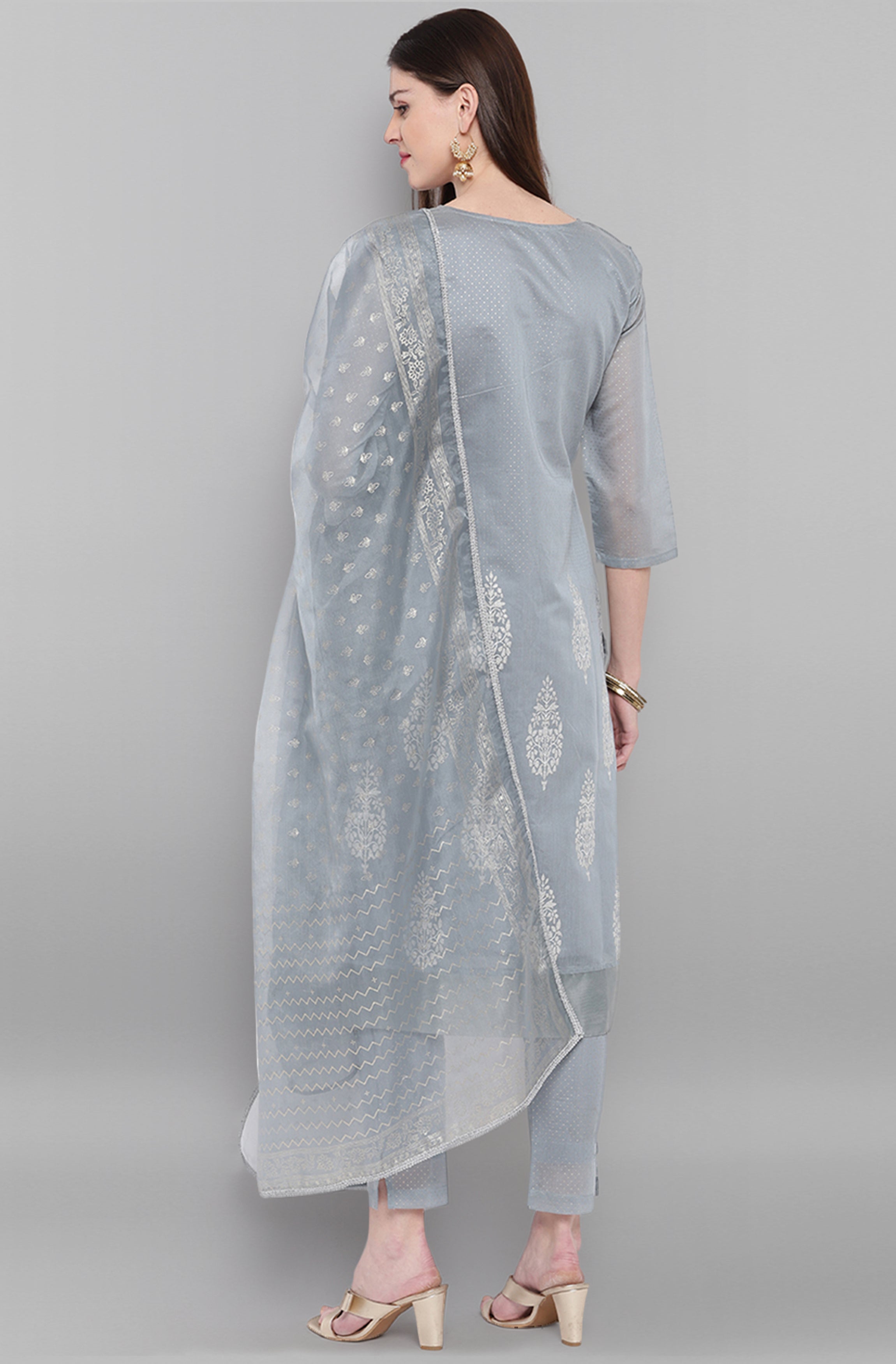 Janasya Women's Grey Poly Chanderi Ethnic Motifs Kurta With Pant And Dupatta - Distacart