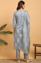 Janasya Women's Grey Poly Chanderi Ethnic Motifs Kurta With Pant And Dupatta - Distacart