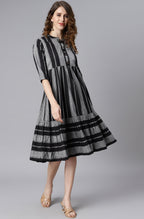 Janasya Women's Black Cotton Striped Flared Western Dress - Distacart