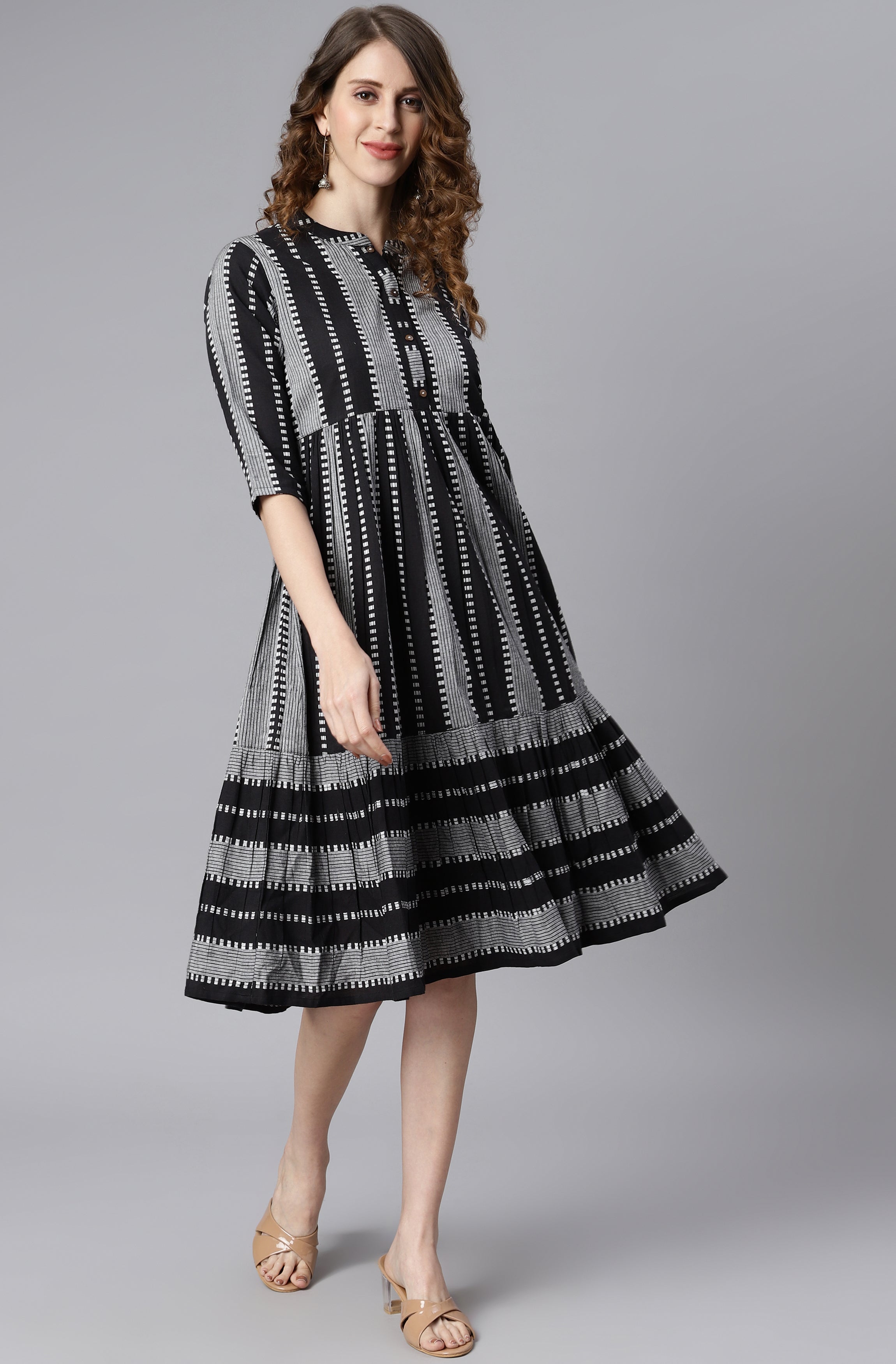 Janasya Women's Black Cotton Striped Flared Western Dress - Distacart