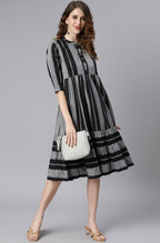 Janasya Women's Black Cotton Striped Flared Western Dress - Distacart