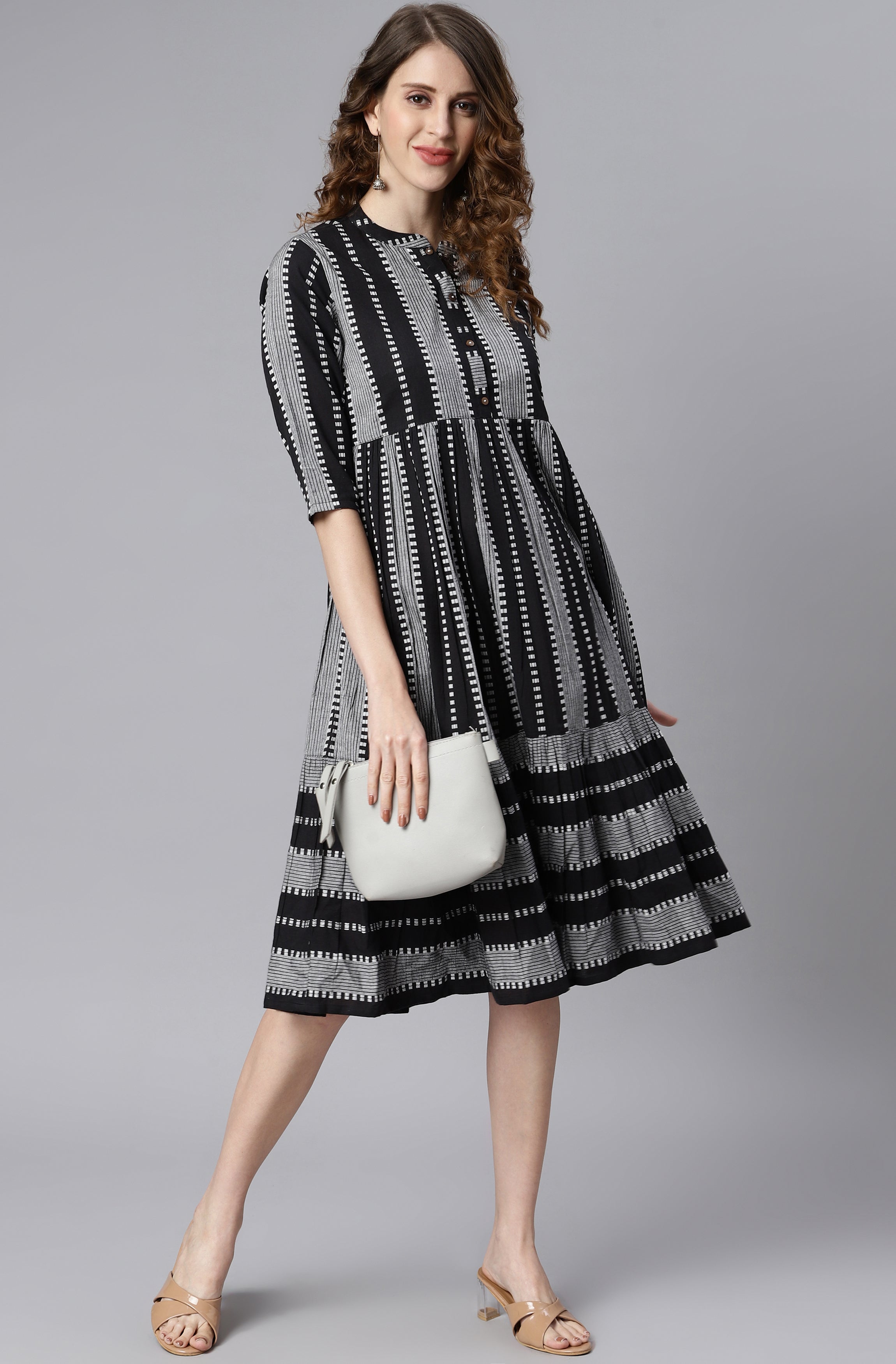 Janasya Women's Black Cotton Striped Flared Western Dress - Distacart