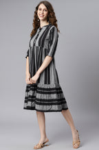 Janasya Women's Black Cotton Striped Flared Western Dress - Distacart