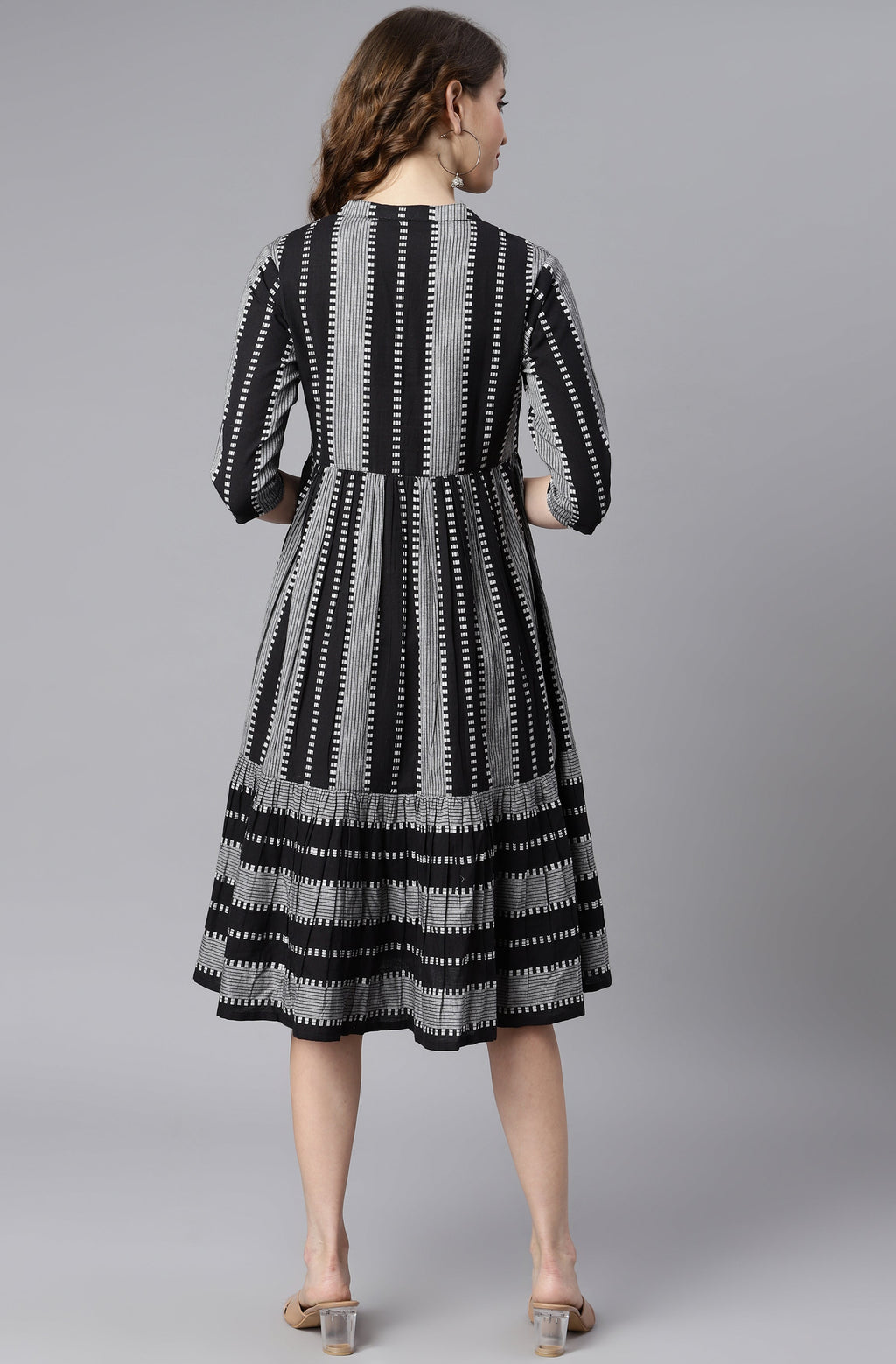 Janasya Women's Black Cotton Striped Flared Western Dress - Distacart