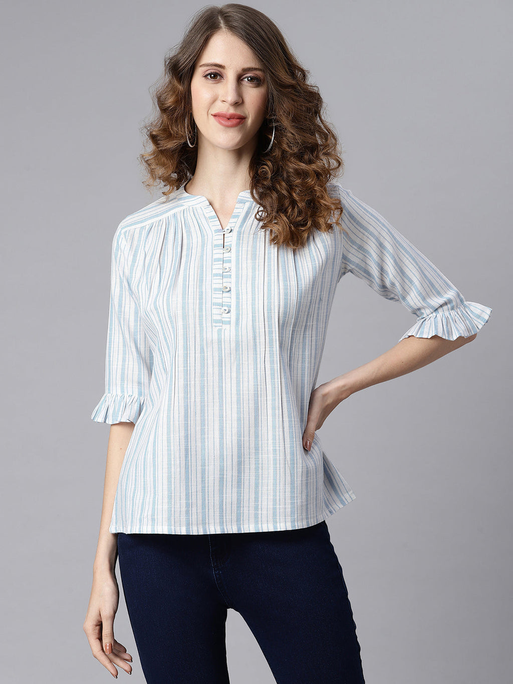 Janasya Women's White Cotton Slub Striped Straight Top - Distacart