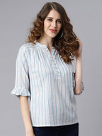Janasya Women's White Cotton Slub Striped Straight Top - Distacart