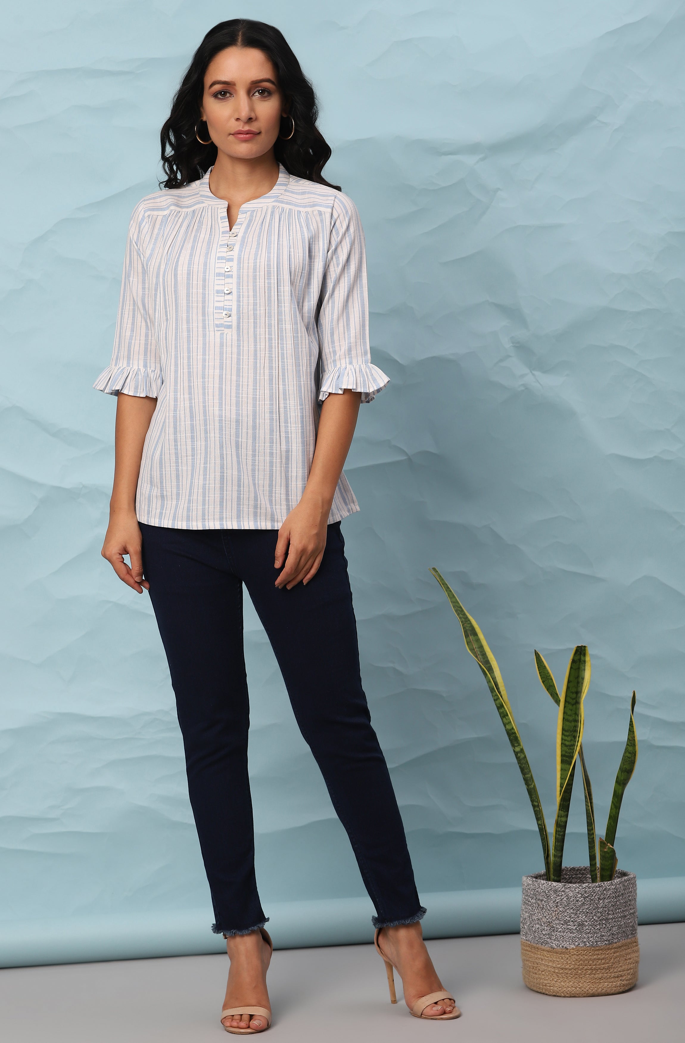 Janasya Women's White Cotton Slub Striped Straight Top - Distacart