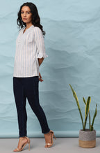 Janasya Women's White Cotton Slub Striped Straight Top - Distacart