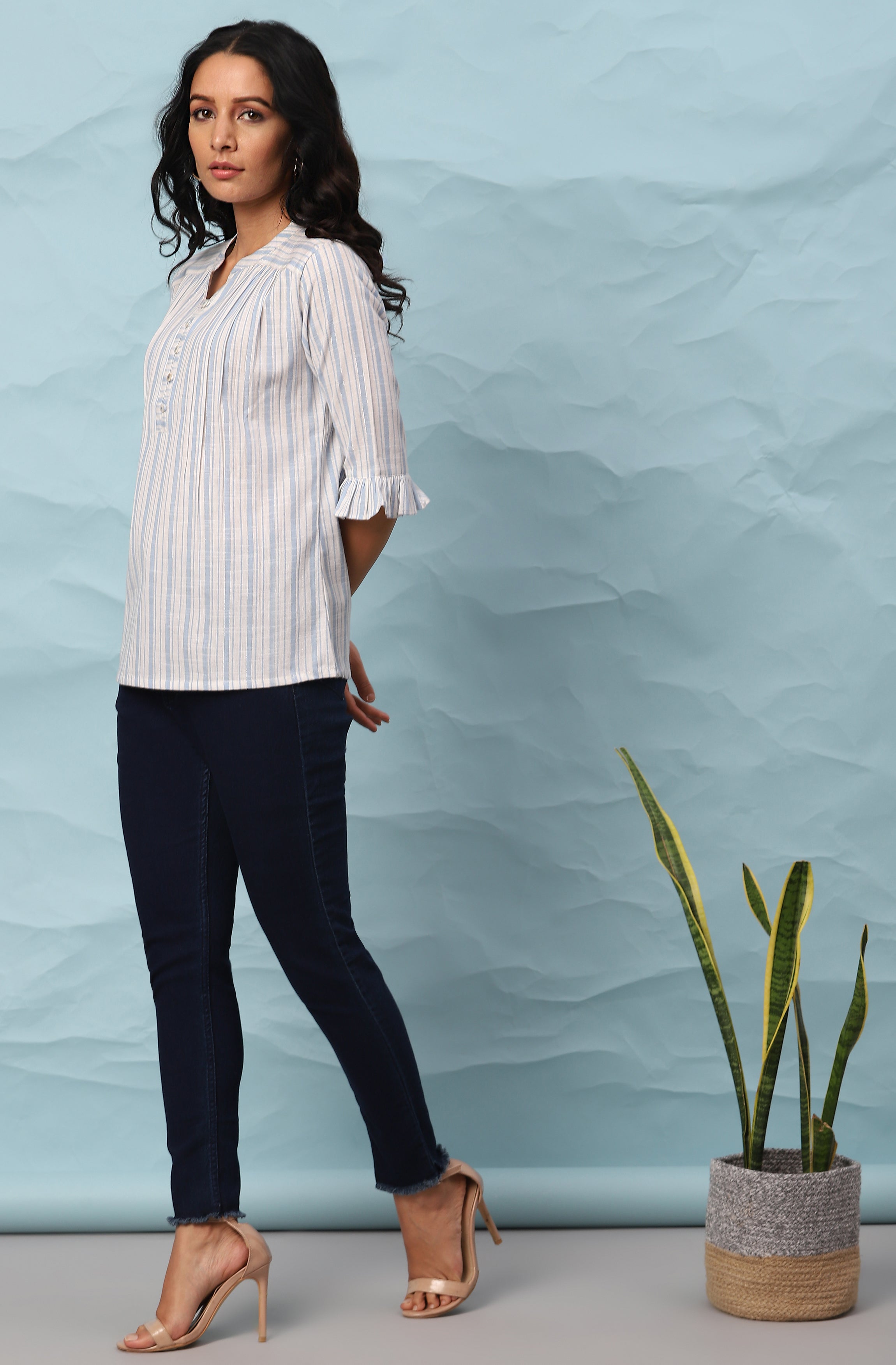 Janasya Women's White Cotton Slub Striped Straight Top - Distacart