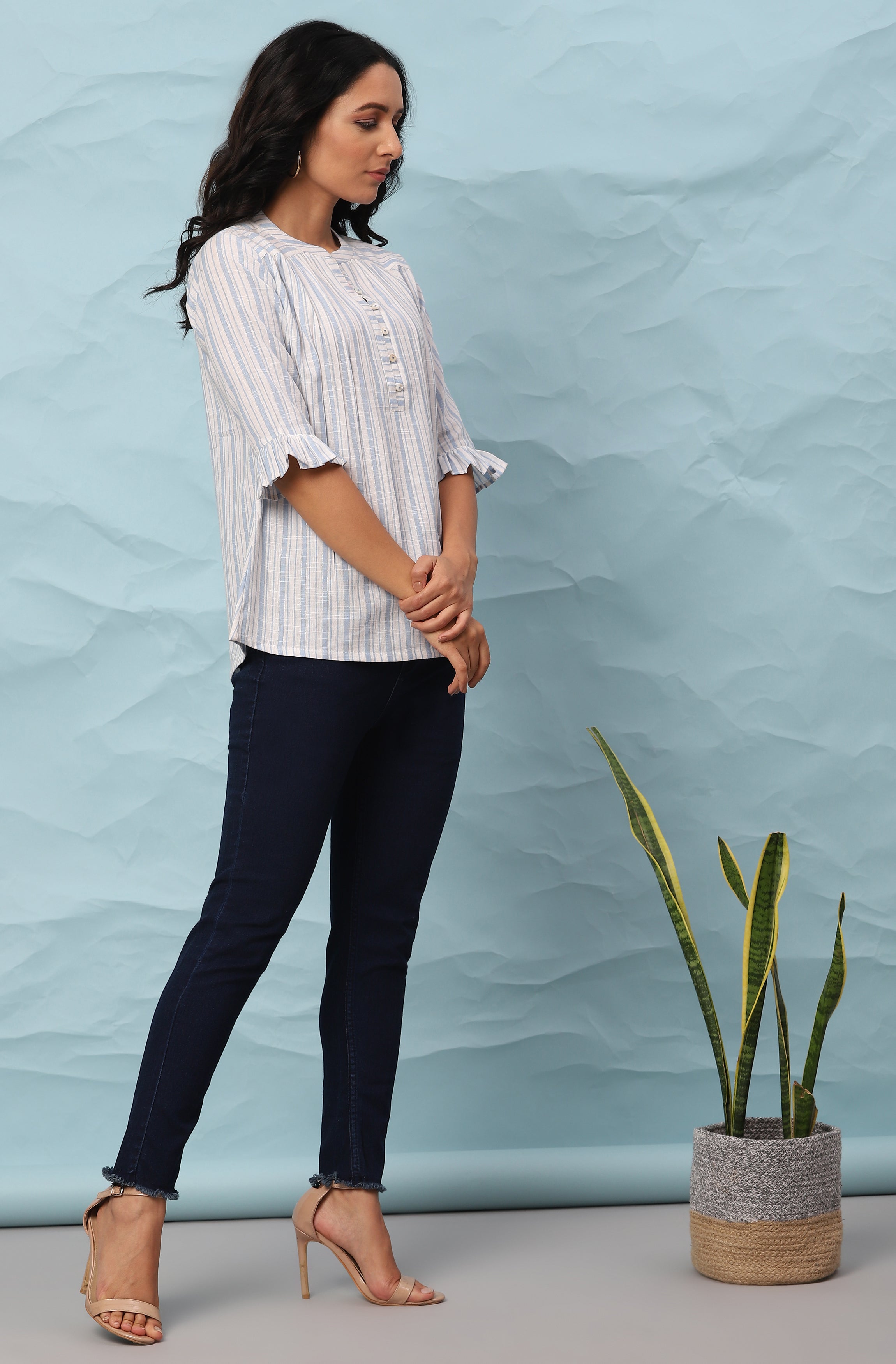 Janasya Women's White Cotton Slub Striped Straight Top - Distacart
