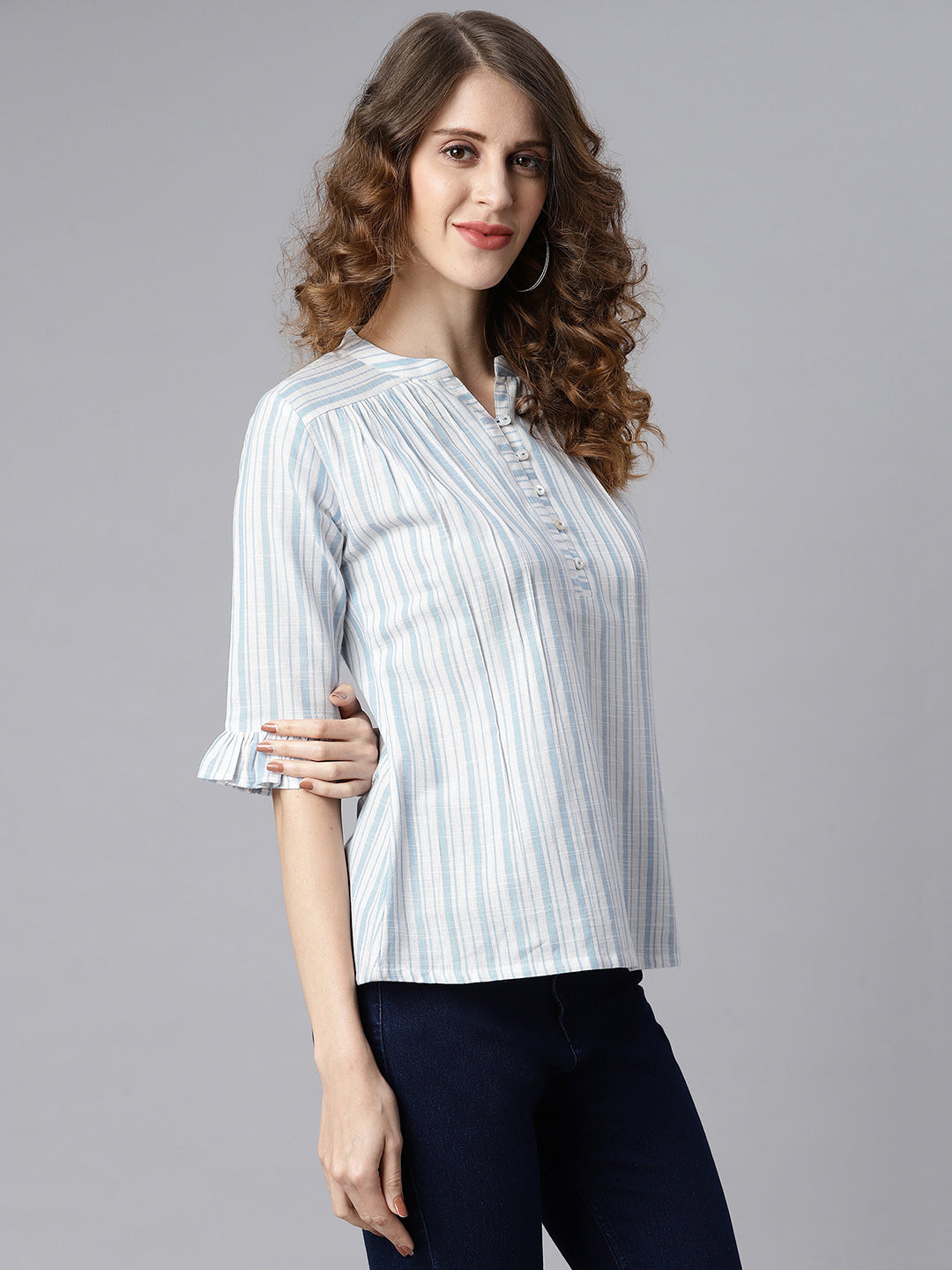 Janasya Women's White Cotton Slub Striped Straight Top - Distacart