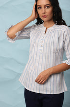Janasya Women's White Cotton Slub Striped Straight Top - Distacart