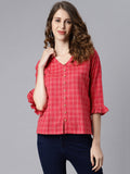Janasya Women's Red Cotton Checkered Regular Top - Distacart
