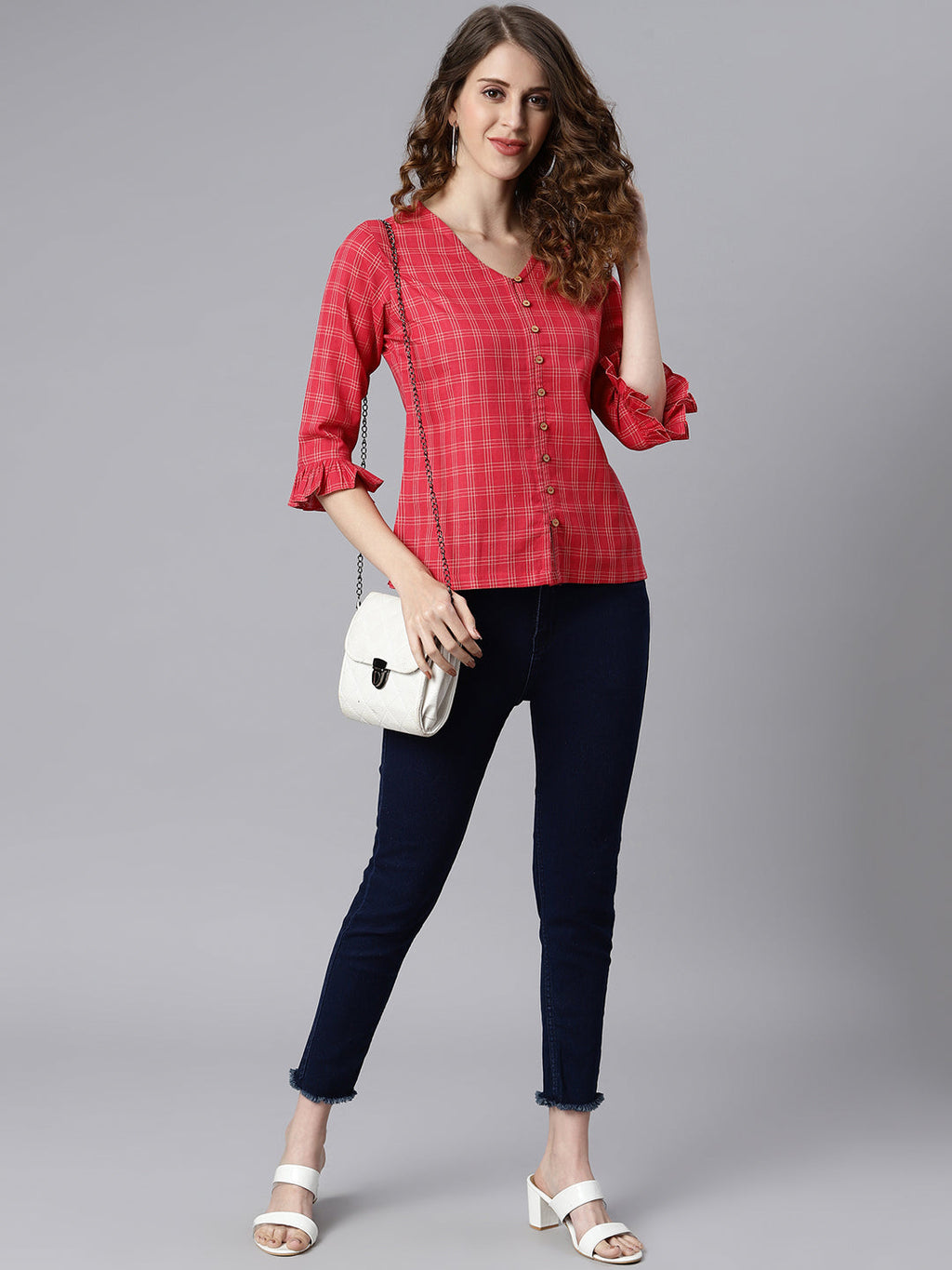 Janasya Women's Red Cotton Checkered Regular Top - Distacart