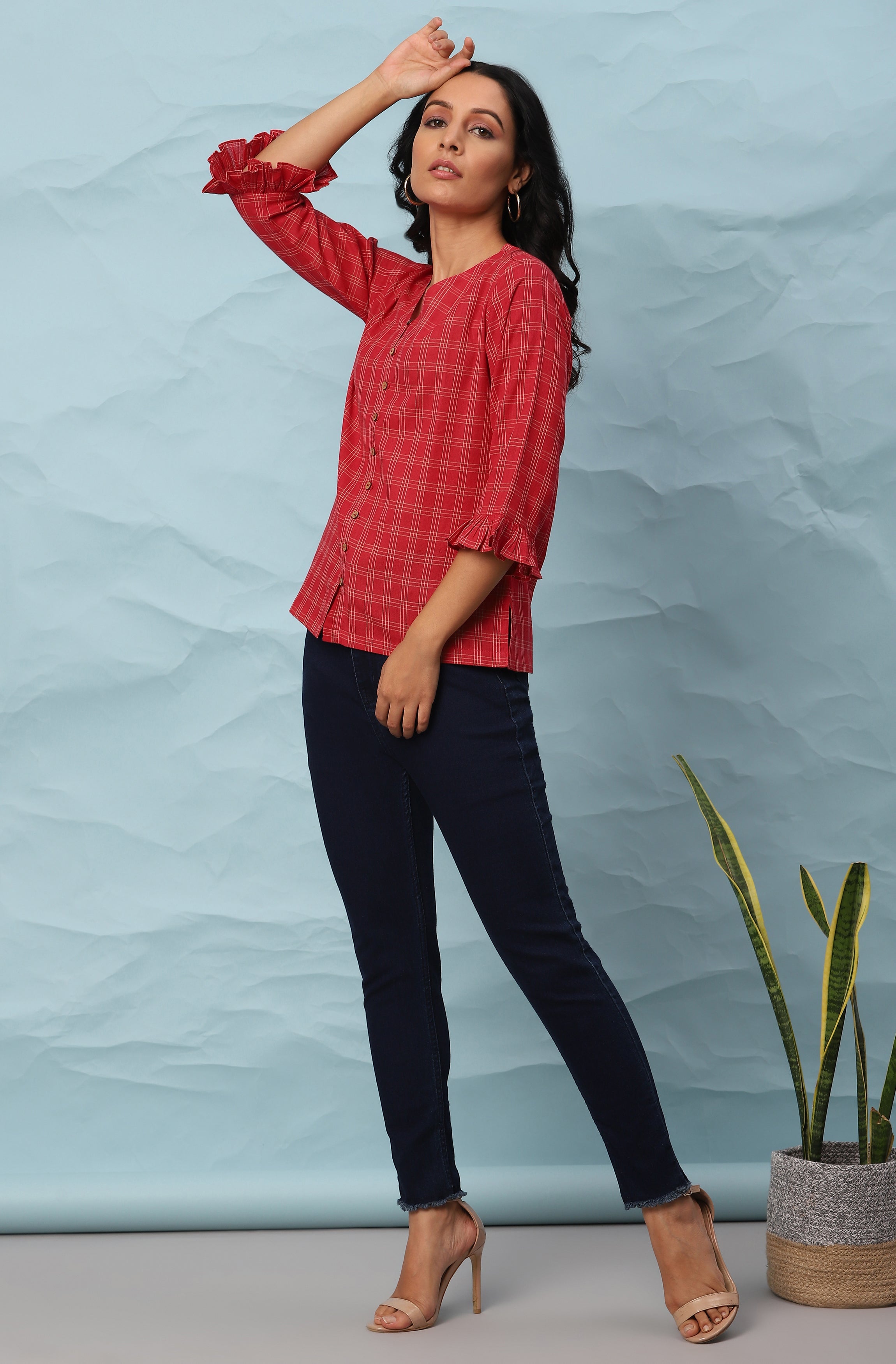 Janasya Women's Red Cotton Checkered Regular Top - Distacart