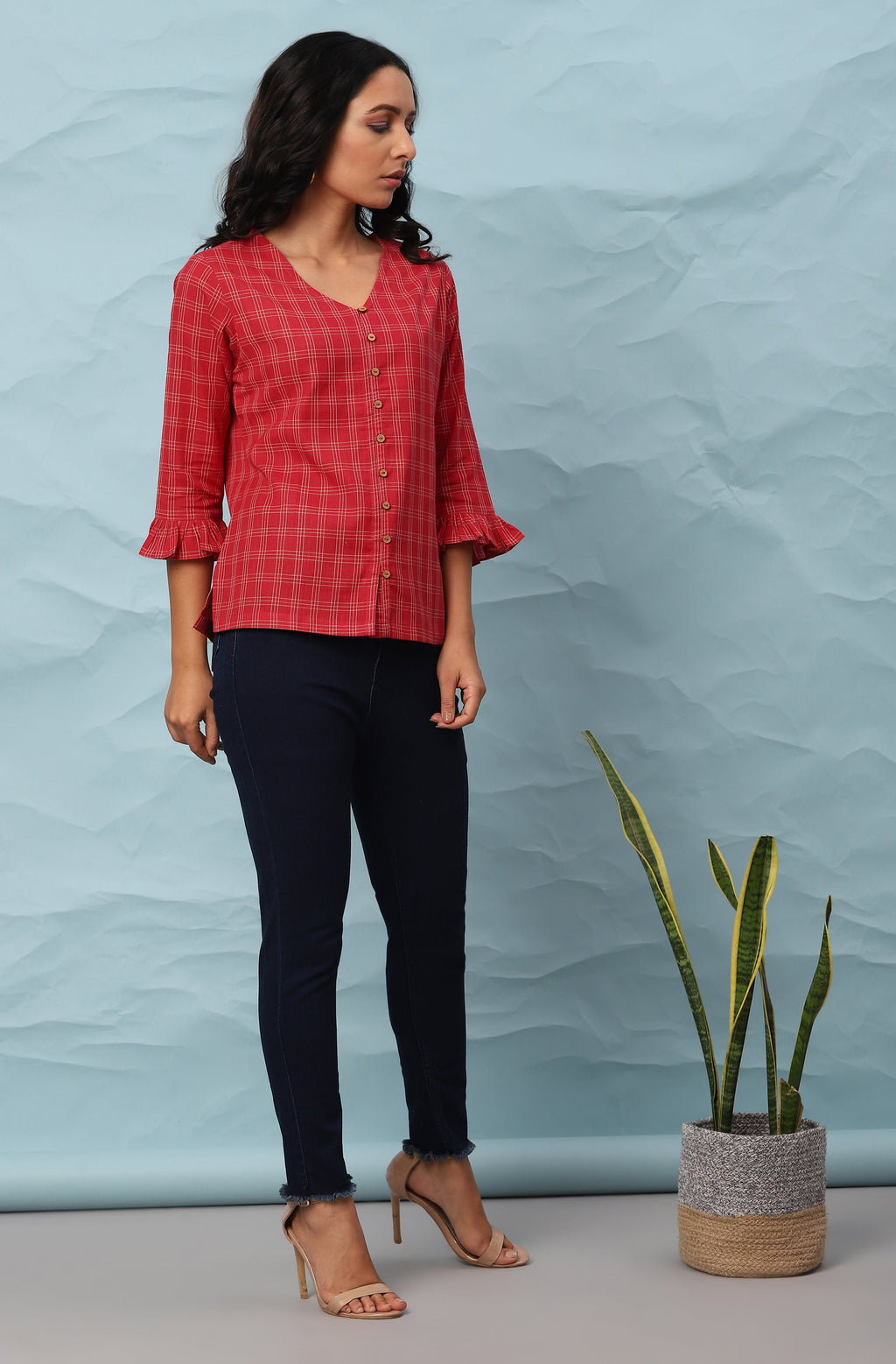 Janasya Women's Red Cotton Checkered Regular Top - Distacart