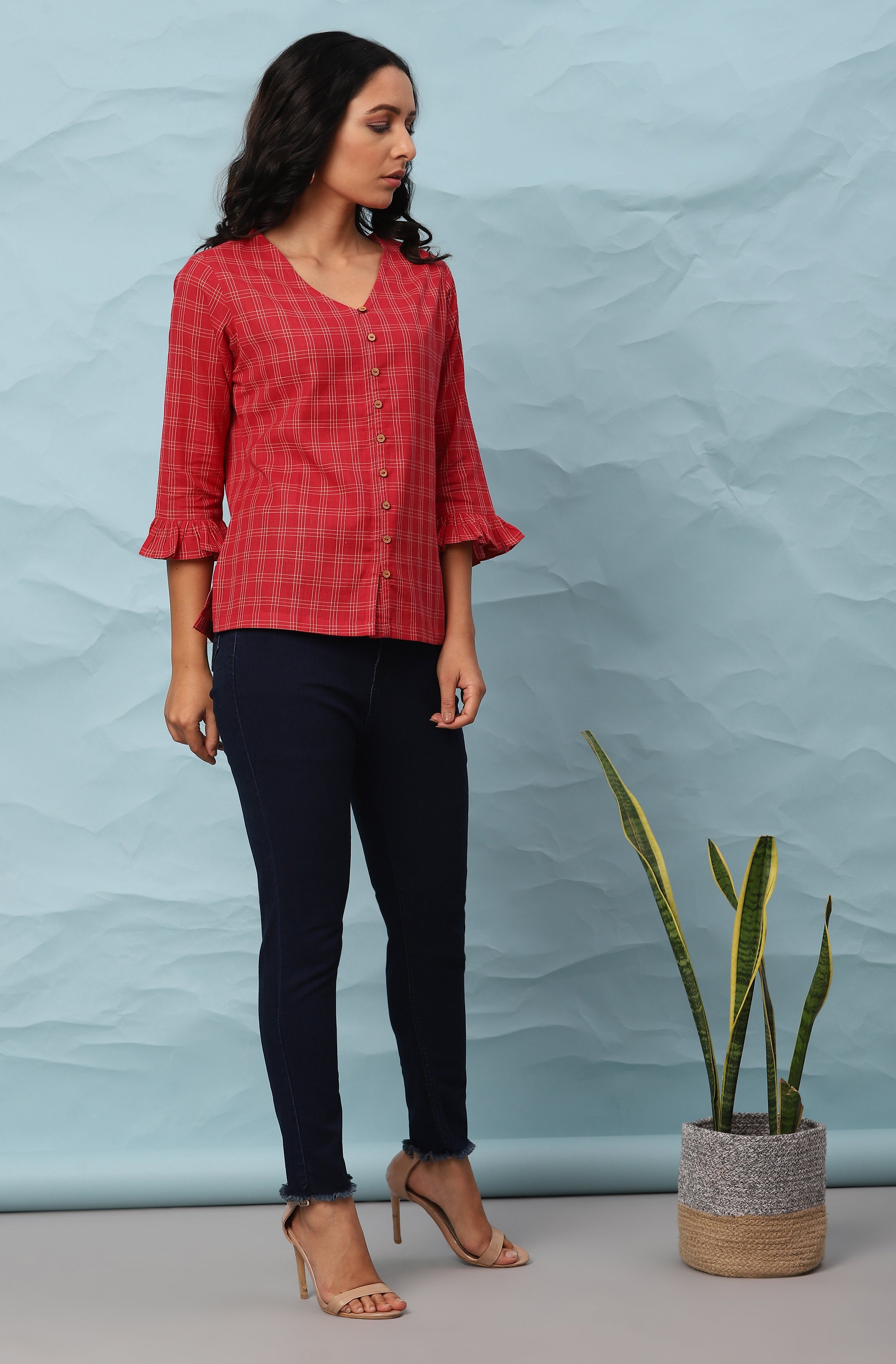 Janasya Women's Red Cotton Checkered Regular Top - Distacart