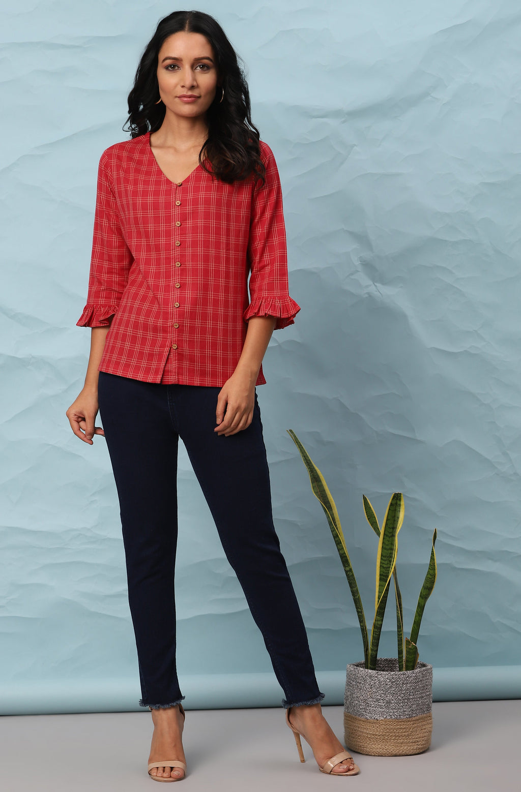 Janasya Women's Red Cotton Checkered Regular Top - Distacart
