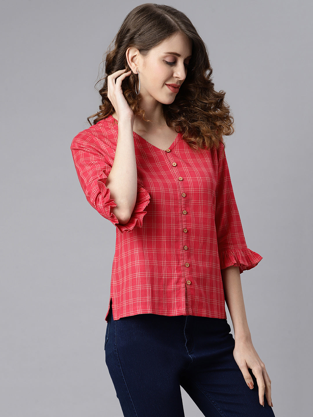 Janasya Women's Red Cotton Checkered Regular Top - Distacart
