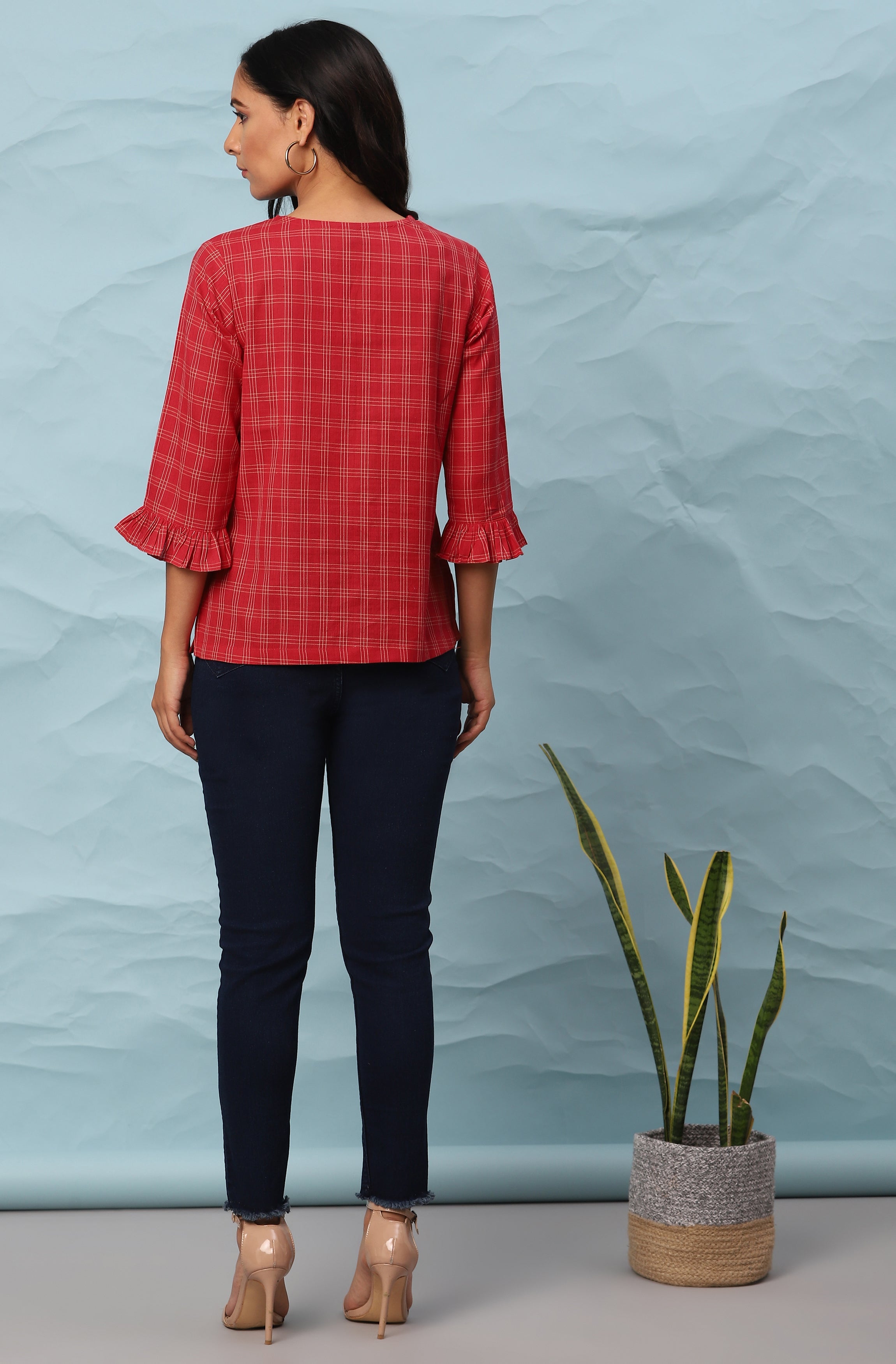 Janasya Women's Red Cotton Checkered Regular Top - Distacart