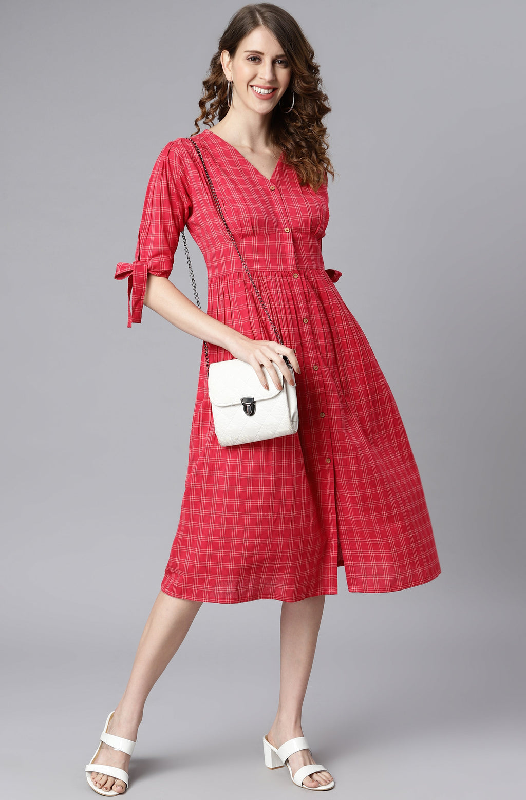 Janasya Women's Red Cotton Checkered Flared Western Dress - Distacart
