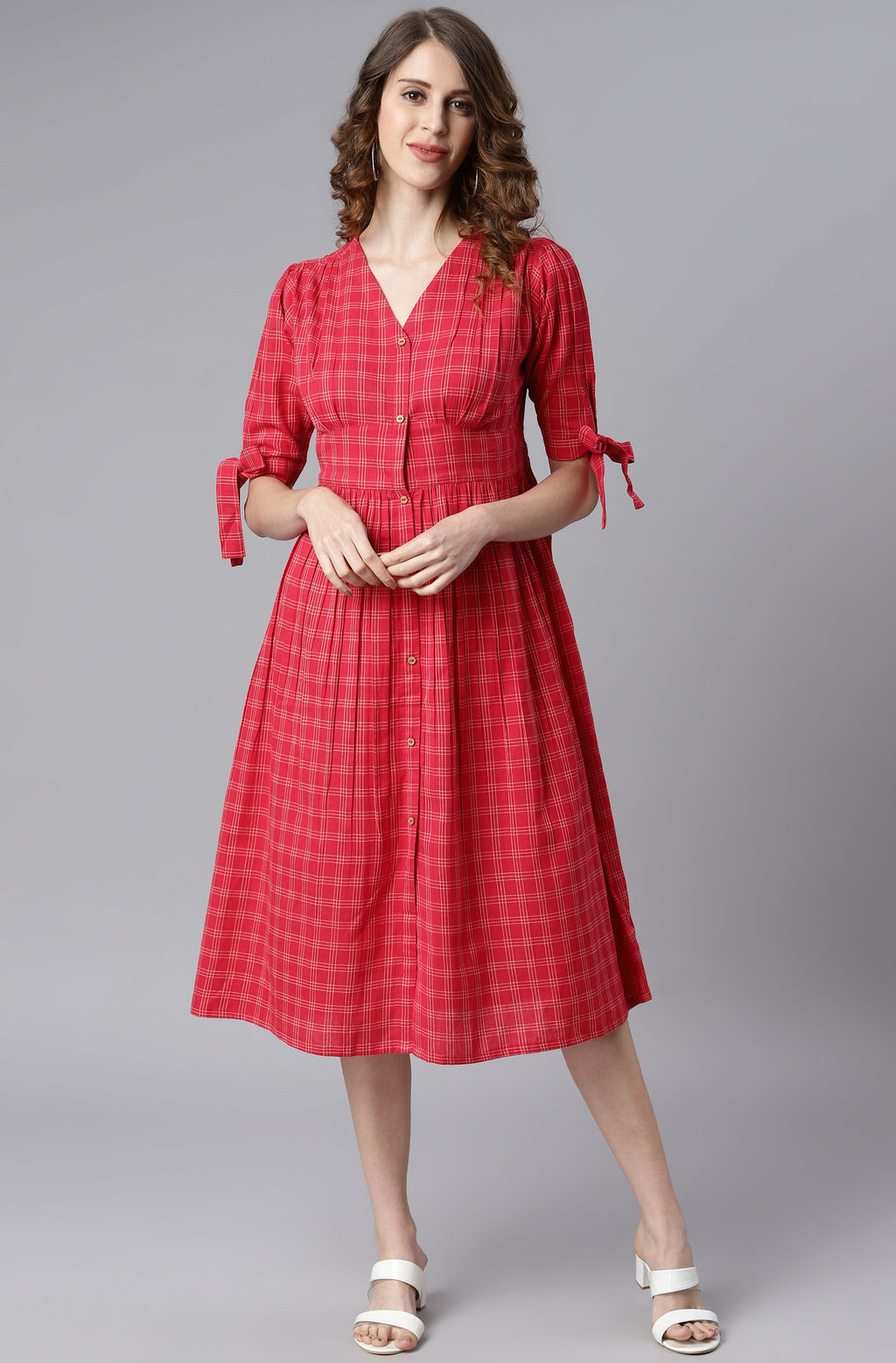 Janasya Women's Red Cotton Checkered Flared Western Dress - Distacart
