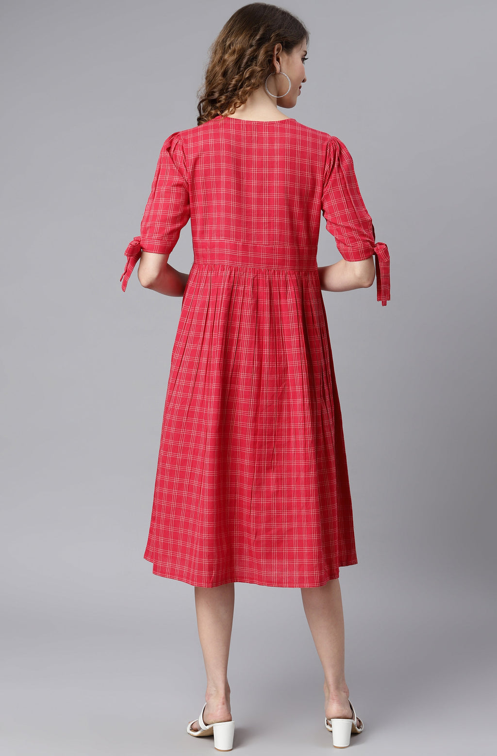 Janasya Women's Red Cotton Checkered Flared Western Dress - Distacart