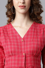 Janasya Women's Red Cotton Checkered Flared Western Dress - Distacart