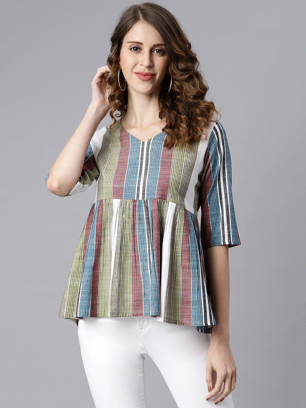 Janasya Women's Multicolor Cotton Striped Gathered Top - Distacart