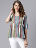 Janasya Women's Multicolor Cotton Striped Gathered Top - Distacart
