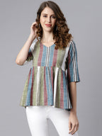 Janasya Women's Multicolor Cotton Striped Gathered Top - Distacart